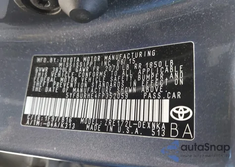 2015 Toyota Corolla Le из США, поврежденный, VIN 5YFBURHE4FP352059